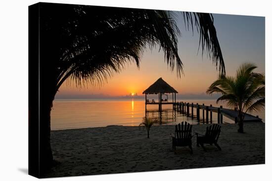 Pier with Palapa on Caribbean Sea at Sunrise, Maya Beach, Stann Creek District, Belize-null-Stretched Canvas