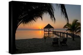 Pier with Palapa on Caribbean Sea at Sunrise, Maya Beach, Stann Creek District, Belize-null-Stretched Canvas