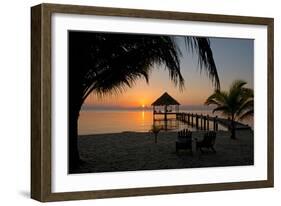 Pier with Palapa on Caribbean Sea at Sunrise, Maya Beach, Stann Creek District, Belize-null-Framed Photographic Print