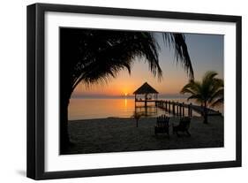 Pier with Palapa on Caribbean Sea at Sunrise, Maya Beach, Stann Creek District, Belize-null-Framed Photographic Print