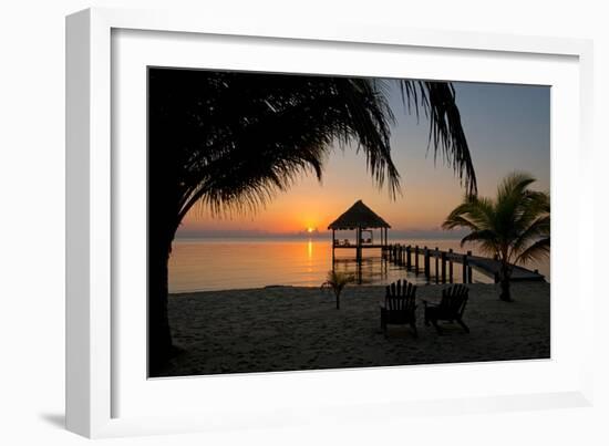 Pier with Palapa on Caribbean Sea at Sunrise, Maya Beach, Stann Creek District, Belize-null-Framed Photographic Print