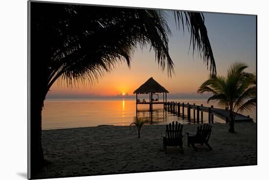 Pier with Palapa on Caribbean Sea at Sunrise, Maya Beach, Stann Creek District, Belize-null-Mounted Photographic Print