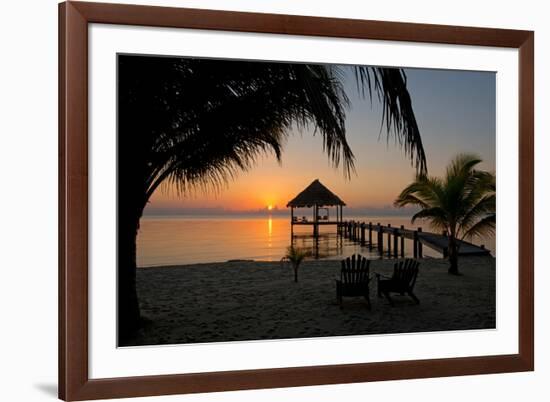 Pier with Palapa on Caribbean Sea at Sunrise, Maya Beach, Stann Creek District, Belize-null-Framed Photographic Print