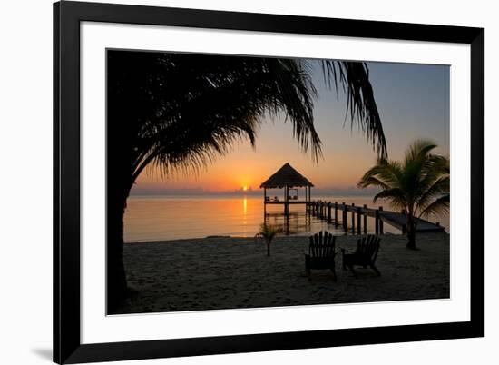 Pier with Palapa on Caribbean Sea at Sunrise, Maya Beach, Stann Creek District, Belize-null-Framed Photographic Print