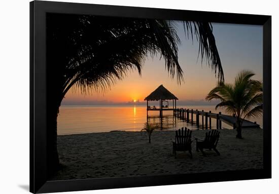 Pier with Palapa on Caribbean Sea at Sunrise, Maya Beach, Stann Creek District, Belize-null-Framed Photographic Print