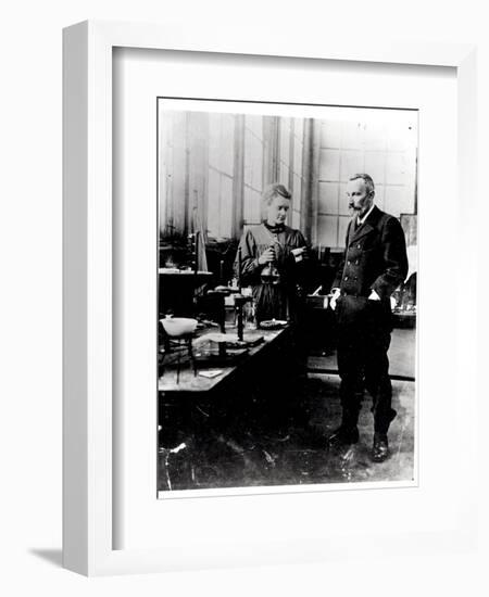 Pierre (1859-1906) and Marie Curie (1867-1934) in their Laboratory, c.1900-Valerian Gribayedoff-Framed Giclee Print