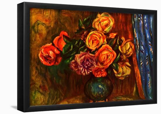 Pierre Auguste Renoir Still Life Roses Before a Blue Curtain Art Print Poster-null-Framed Poster
