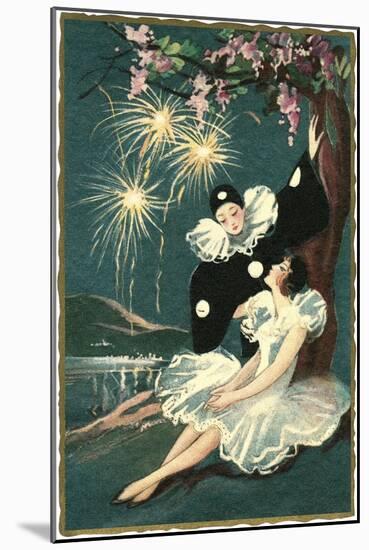 Pierrot and Ballerina with Fireworks-null-Mounted Art Print