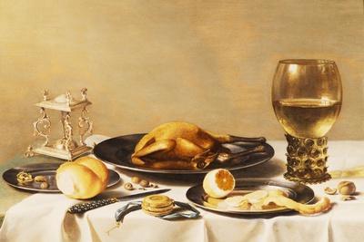 A Still Life with a Roemer, a Salt Cellar, a Plucked Chicken and a Peeled Lemon on Pewter Plates,…