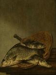 A Fishmonger Holding a Pike, with Bream, Perch and Other Fish on a Ledge-Pieter de Putter-Framed Stretched Canvas