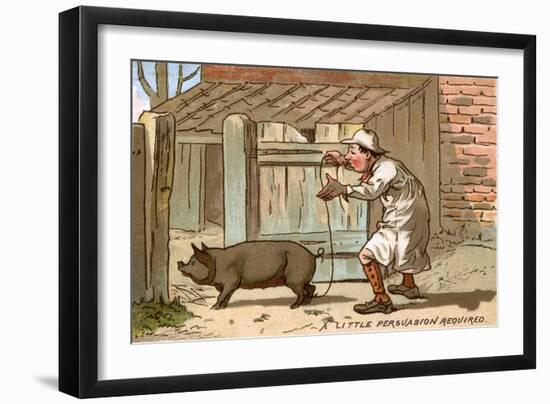 Pig Farmer Persuading a Pig to Move-null-Framed Art Print