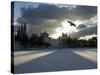 Pigeon Flies over a Frozen Pond Outside Novodevichi in Moscow-null-Stretched Canvas