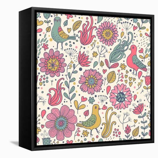 Pigeons in Flowers-smilewithjul-Framed Stretched Canvas