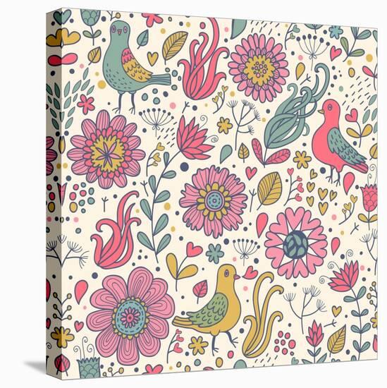 Pigeons in Flowers-smilewithjul-Stretched Canvas