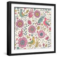 Pigeons in Flowers-smilewithjul-Framed Art Print