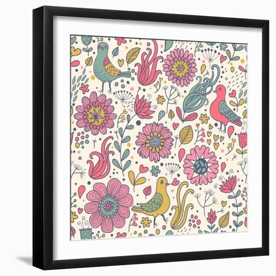 Pigeons in Flowers-smilewithjul-Framed Art Print