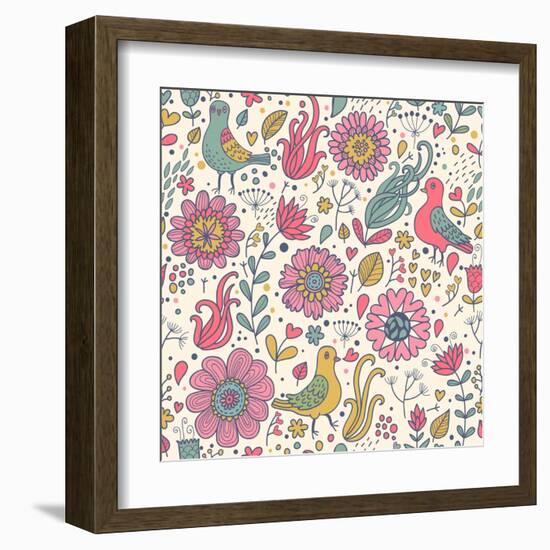 Pigeons in Flowers-smilewithjul-Framed Art Print