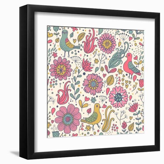 Pigeons in Flowers-smilewithjul-Framed Art Print