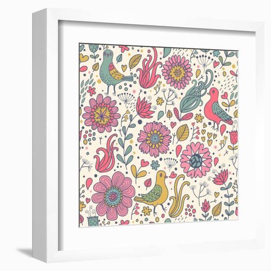 Pigeons in Flowers-smilewithjul-Framed Art Print