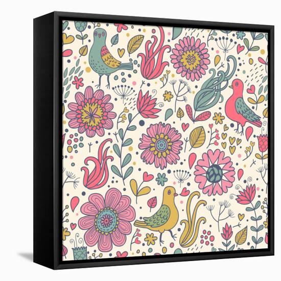 Pigeons in Flowers-smilewithjul-Framed Stretched Canvas