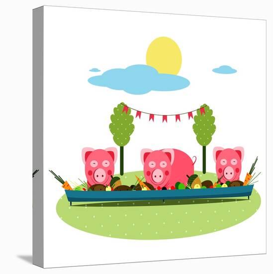 Pigs Eating Food at Farm. Funny Small Pigs Having Party Vector Illustration. Eps8 No Effects.-Popmarleo-Stretched Canvas