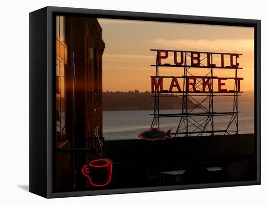 Pike Place Market and Puget Sound, Seattle, Washington State-Aaron McCoy-Framed Stretched Canvas