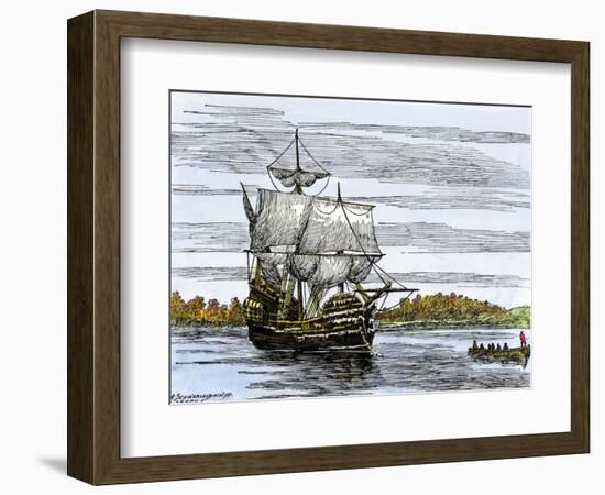 Pilgrim Landing Party from the Mayflower in Plymouth Harbor-null-Framed Premium Giclee Print