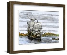 Pilgrim Landing Party from the Mayflower in Plymouth Harbor-null-Framed Premium Giclee Print