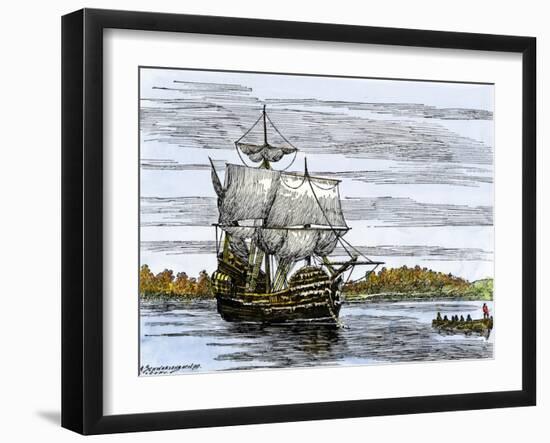 Pilgrim Landing Party from the Mayflower in Plymouth Harbor-null-Framed Giclee Print