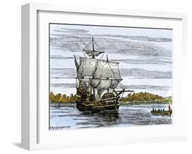 Pilgrim Landing Party from the Mayflower in Plymouth Harbor-null-Framed Giclee Print