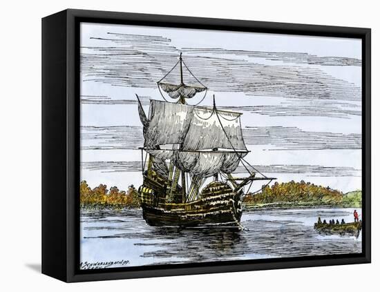 Pilgrim Landing Party from the Mayflower in Plymouth Harbor-null-Framed Stretched Canvas