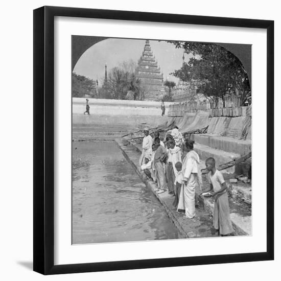 Pilgrims Feeding Holy Turtles, Arakan Pagoda, Mandalay, Burma, 1908-null-Framed Photographic Print