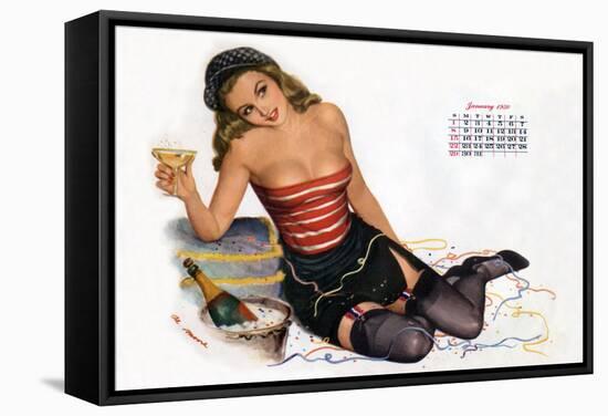 Pin Up Celebrating New Year with Champagne, Esquire Girl Calendar 1950 (January)-null-Framed Stretched Canvas