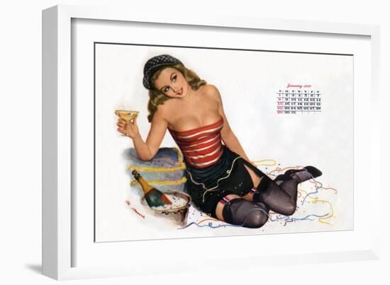 Pin Up Celebrating New Year with Champagne, Esquire Girl Calendar 1950 (January)-null-Framed Art Print