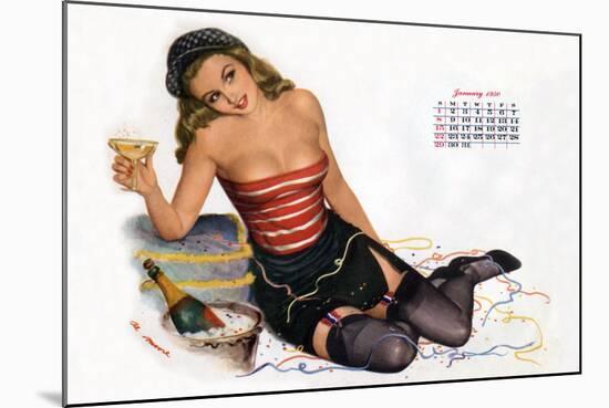 Pin Up Celebrating New Year with Champagne, Esquire Girl Calendar 1950 (January)-null-Mounted Art Print