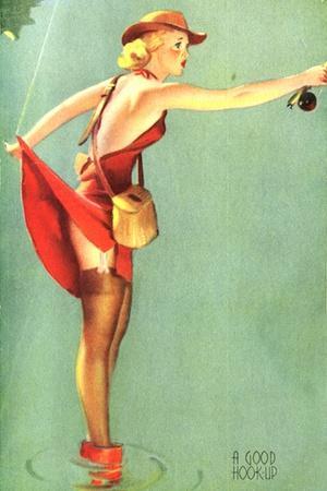 Pin-Up Fishing with Skirt Caught in Hook, 1940' Giclee Print