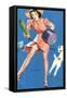 Pin-Up Girl Caught in Dog's Leash, 1940-null-Framed Stretched Canvas