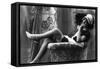 Pin-Up Girl in French Maid Outfit Smoking and Sitting-Lantern Press-Framed Stretched Canvas