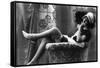 Pin-Up Girl in French Maid Outfit Smoking and Sitting-Lantern Press-Framed Stretched Canvas