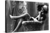 Pin-Up Girl in French Maid Outfit Smoking and Sitting-Lantern Press-Stretched Canvas