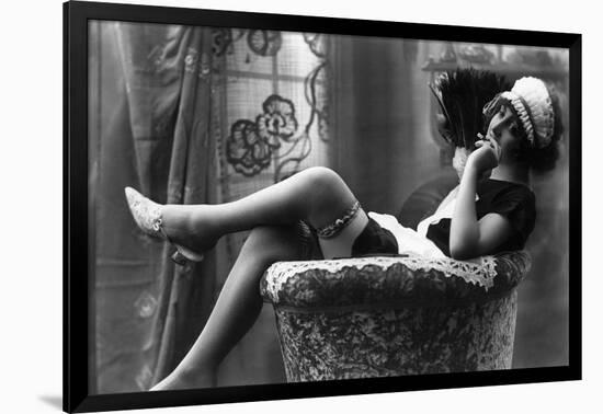 Pin-Up Girl in French Maid Outfit Smoking and Sitting-Lantern Press-Framed Art Print