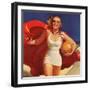 Pin-Up Girl Running on Beach with Beach Ball, 1939-null-Framed Giclee Print