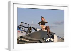 Pin-Up Girl Sitting on the Wing of a P-51 Mustang-null-Framed Photographic Print