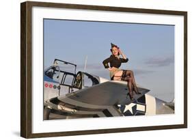 Pin-Up Girl Sitting on the Wing of a P-51 Mustang-null-Framed Photographic Print