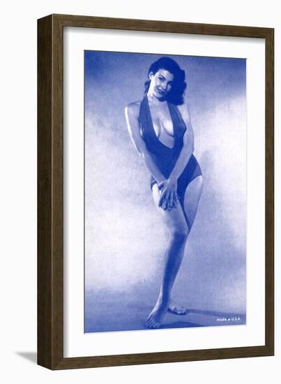 Pin-Up Girl Standing in Low-Cut Bathing Suit, 1945-null-Framed Giclee Print