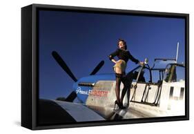 Pin-Up Girl Standing on the Wing of a P-51 Mustang-null-Framed Stretched Canvas