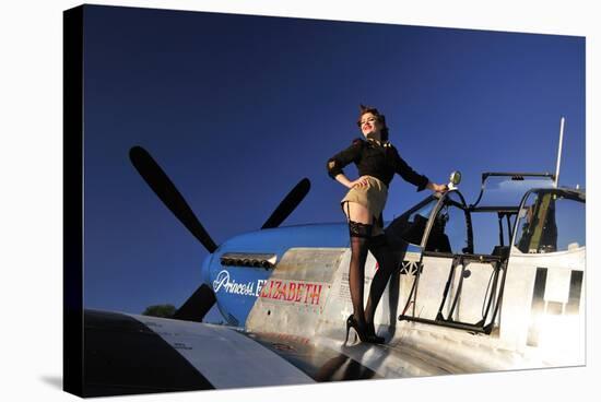 Pin-Up Girl Standing on the Wing of a P-51 Mustang-null-Stretched Canvas