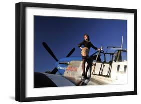 Pin-Up Girl Standing on the Wing of a P-51 Mustang-null-Framed Photographic Print