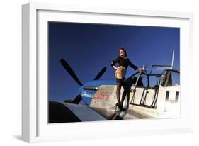 Pin-Up Girl Standing on the Wing of a P-51 Mustang-null-Framed Photographic Print