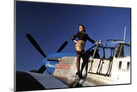 Pin-Up Girl Standing on the Wing of a P-51 Mustang-null-Mounted Photographic Print